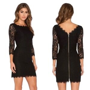 DVF Diane von Furstenburg Mini Dress Zarita Lace 3/4 Sleeve‎ Black 2-Way Zip 4